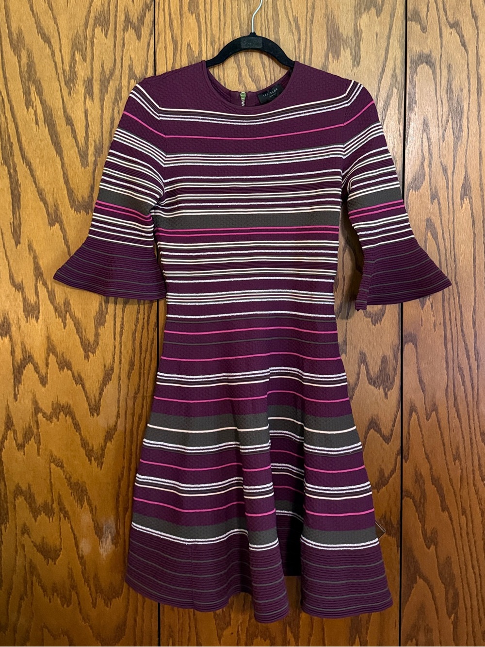 Ted Baker London Metallic Striped Knit Fit & Flare Dress Burgundy Bell Sleeve